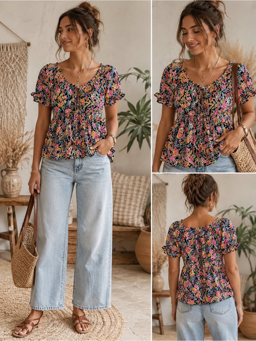 Floral Peasant Blouse - Black Multi